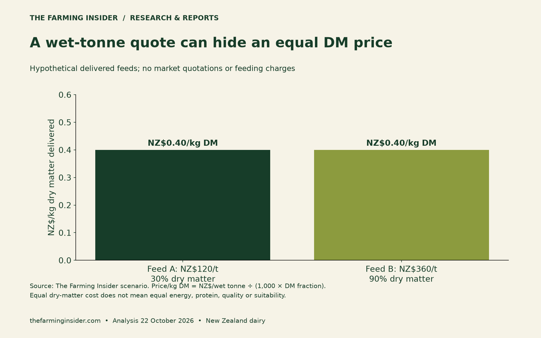 Two hypothetical delivered feeds both cost NZ$0.40 per kg dry matter after converting their wet-tonne prices.