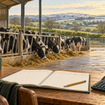 Illustrated dairy milk budget with cattle, milk collection and financial planning in The Farming Insider brand colours.