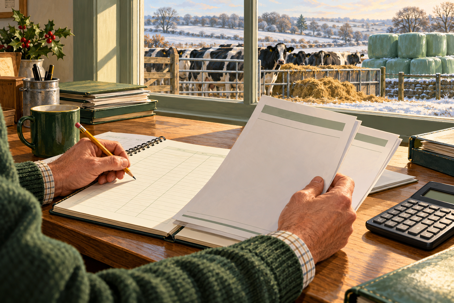Conceptual illustration of dairy winter feed planning with forage, a calculator and a budget worksheet.