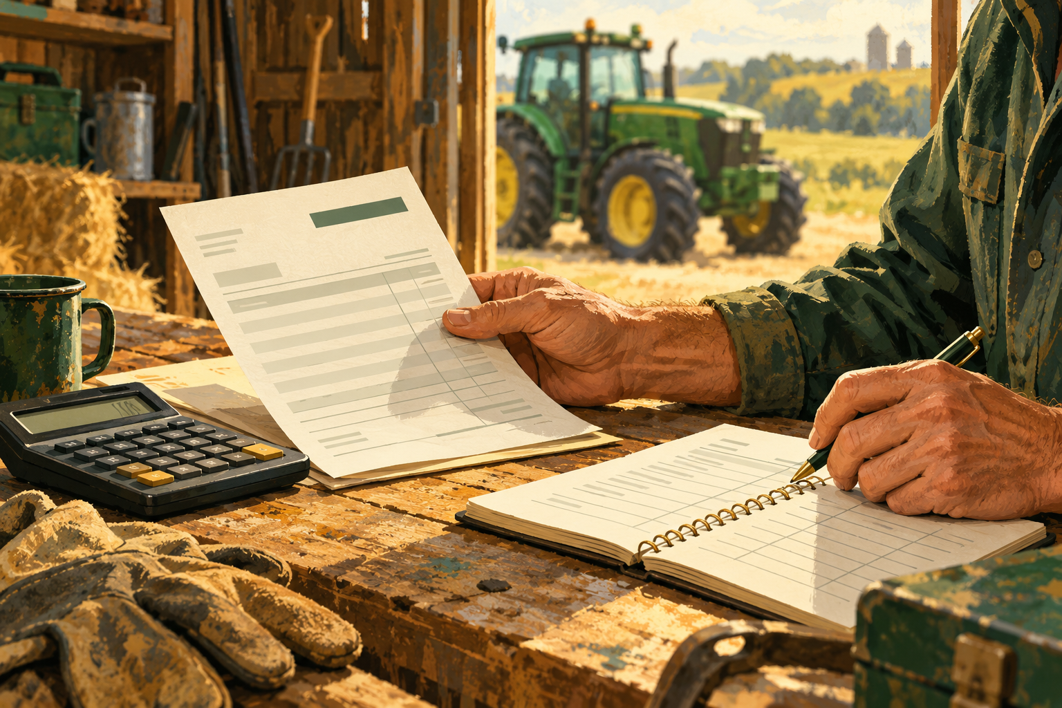 Illustration of a farm manager checking an invoice and field notebook beside a calculator