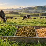 Conceptual New Zealand dairy pasture with cows and grass, silage and grain samples.