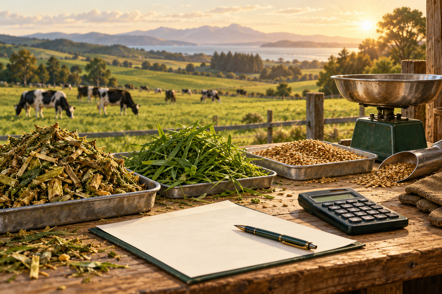 Conceptual illustration of feed samples, a scale and a calculator for a whole-ration dairy supplement budget.