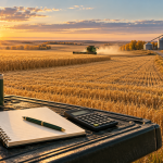 Saskatchewan harvest 2026 conceptual illustration with a combine, grain bins and a budgeting notebook beside golden fields.