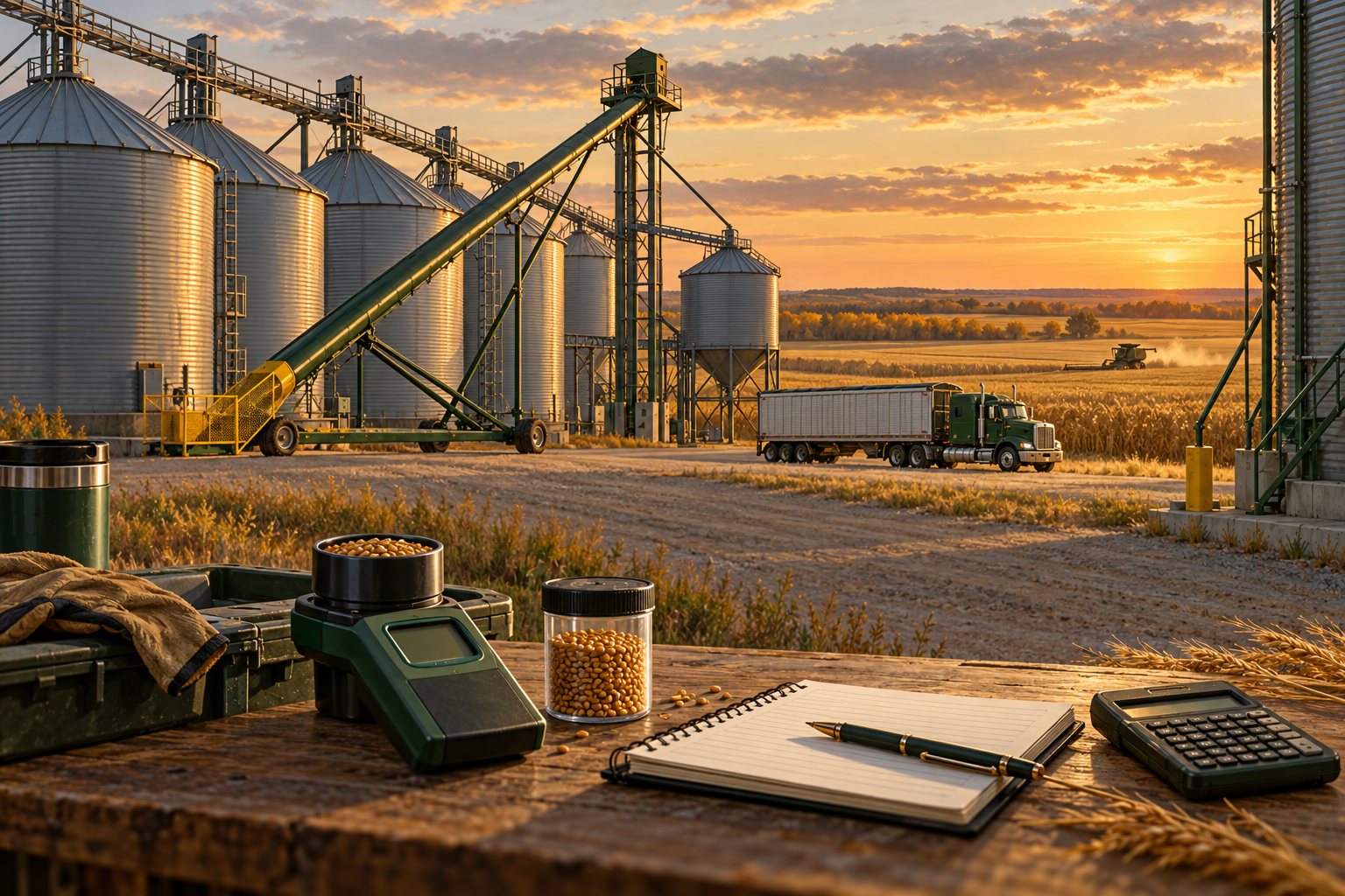 Conceptual illustration of a prairie grain-handling yard, bins, truck, moisture meter and planning notebook.