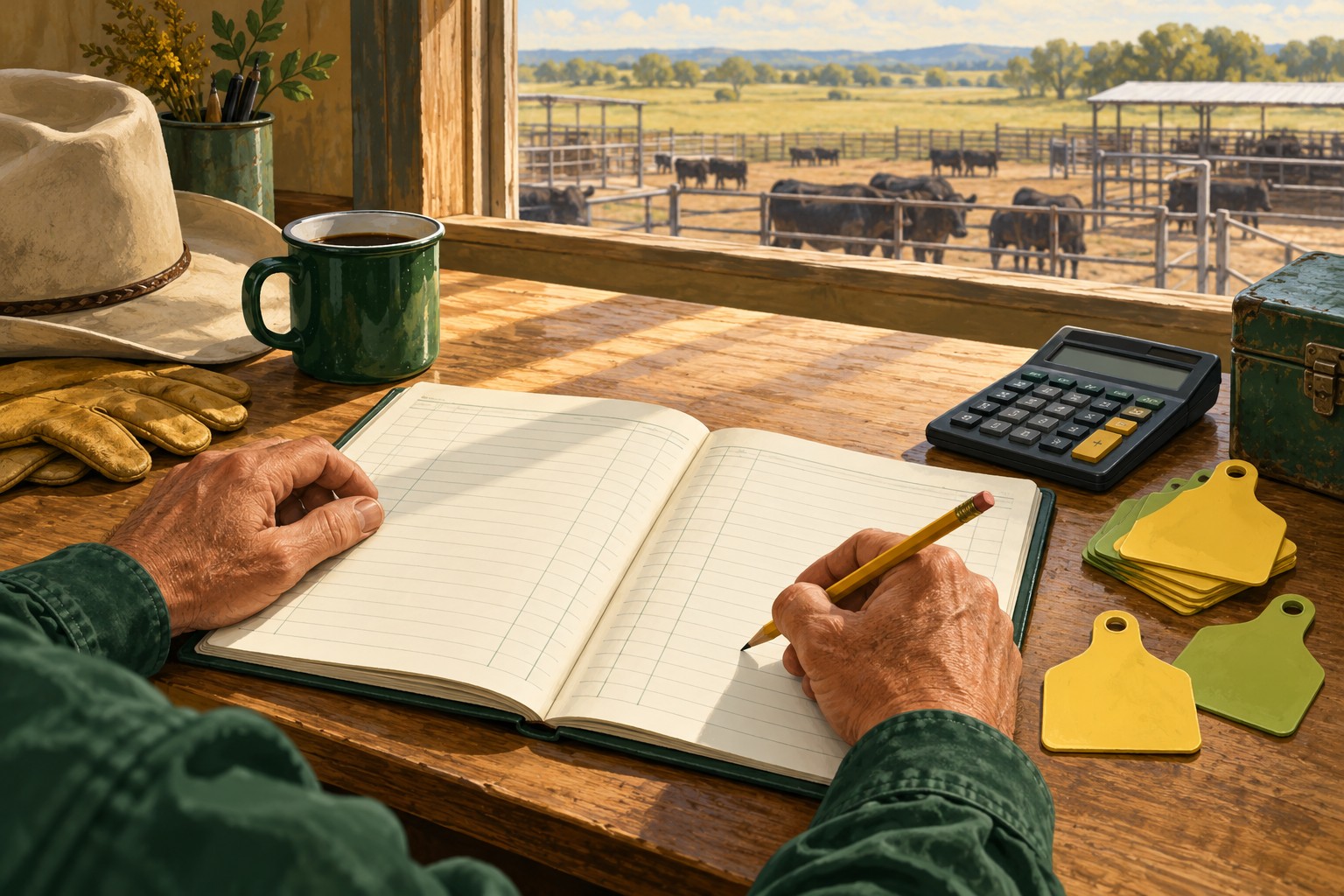 Conceptual illustration of cattle inventory record preparation with blank ledger pages, calculator and cattle pens outside