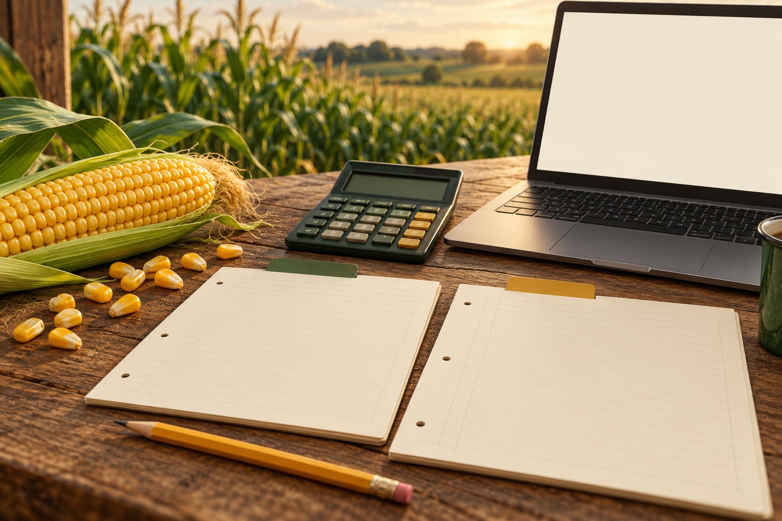 Conceptual illustration of corn, blank versioned ledger sheets, calculator and a blank laptop screen on a farm desk