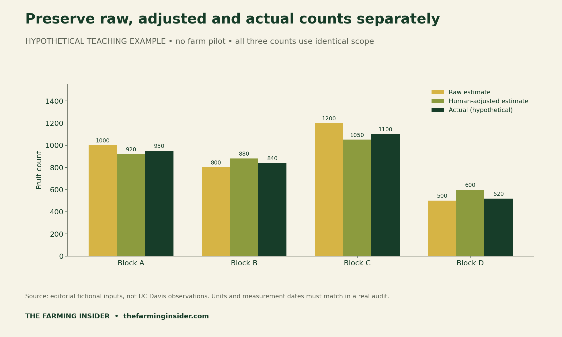 Hypothetical blocks A to D with separately preserved raw estimates, human-adjusted estimates and actual-example fruit counts; no farm pilot was conducted