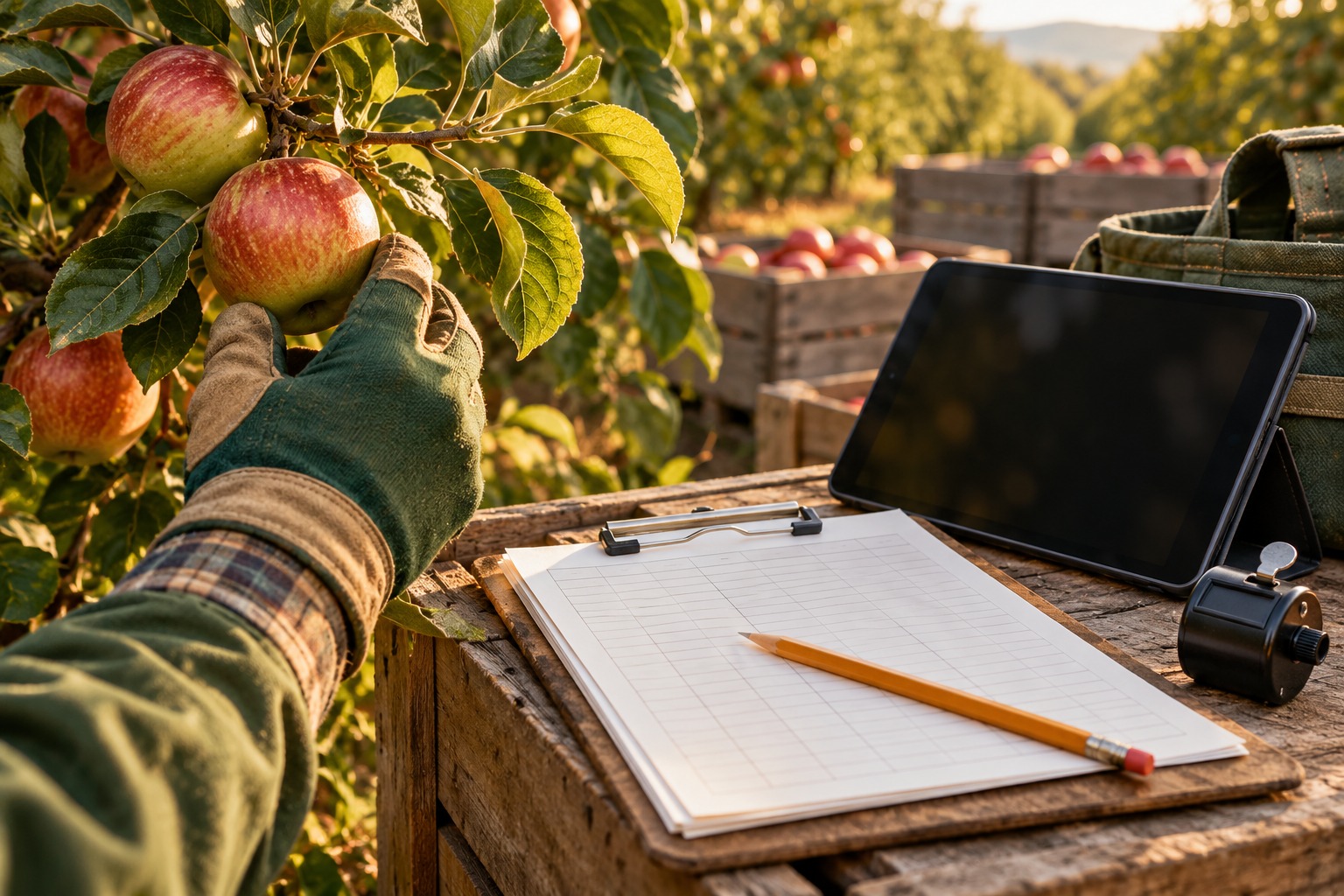 Conceptual illustration of an orchard worker checking an apple branch beside blank tally sheets and a tablet