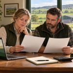 SFIS letter of offer deadline checklist: conceptual illustration of two Northern Ireland farmers reviewing separate blank offer letters in a farm office.