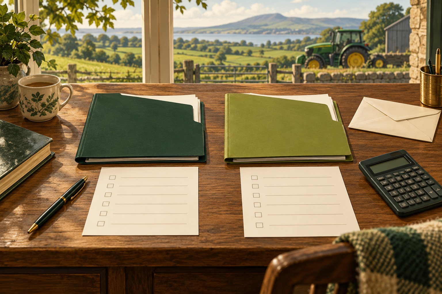 Conceptual farm-office illustration with two separate blank folders and checklists beside a calculator and green Northern Ireland fields