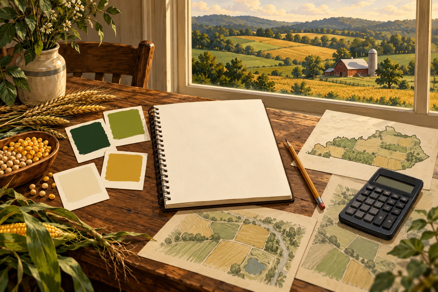 Conceptual illustration of blank crop-share notes, a calculator and field sketches beside a view of Kentucky farmland