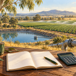 Victoria irrigation water budget: conceptual illustration of irrigated fields, a reservoir and a planning notebook.