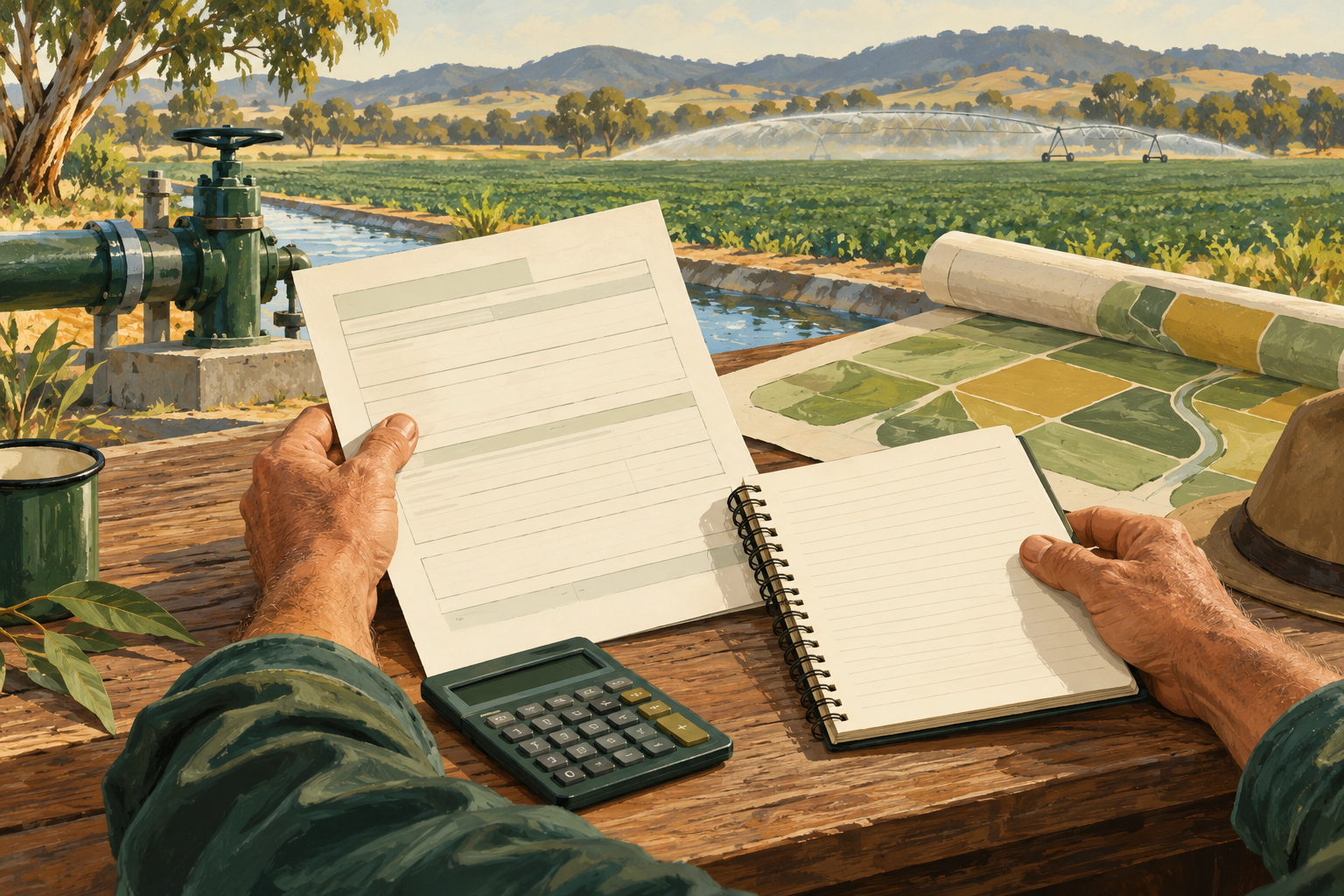 Conceptual illustration of a farmer checking water-budget records beside an irrigation system.
